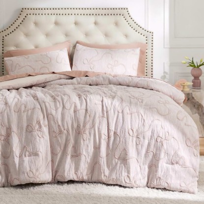 Picture of Bedsure Pink Comforter Set Queen, GentleSoft™ 3 Pieces Breathable Bow Comforter Set Women Girls with 2 Pillow Shams, Cute Queen Bedding Sets Pink Room Decor Aesthetic Bedroom Decor, 90x90 Inches OEKO-TEX STANDARD 100