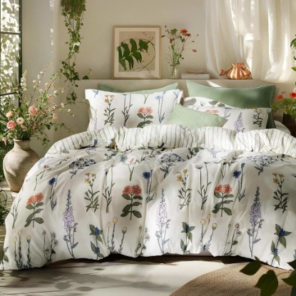 Picture of Bedsure Cute Comforter Set Queen Size – Floral Comforter Sets, Boho Bedding for All Seasons, 3 Pieces, 1 Reversible Coconut White Botanical Print & Green Striped Pattern Comforter and 2 Pillow Sham OEKO-TEX STANDARD 100