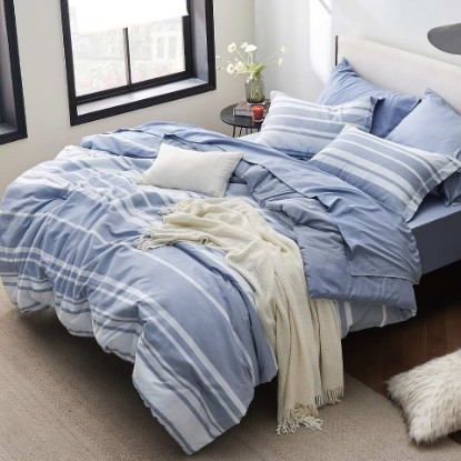 Picture of Bedsure Queen Comforter Set 7 Pieces, Blue Striped Bedding Set for All Seasons, Reversible, Cationic Dyeing Bed in a Bag with Comforter, Sheets, Pillowcases & Shams OEKO-TEX STANDARD 100