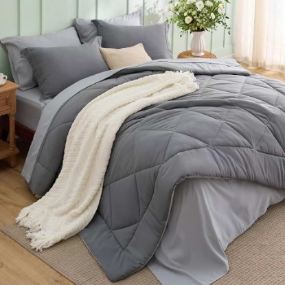 Picture of Bedsure Queen Bed in a Bag Reversible Two-Tone 7 Pieces Grey/Light Grey | All seasons, inclusive, reversible, lightweight, soft, breathable, with sheets, bedding set, machine-washable OEKO-TEX STANDARD 100