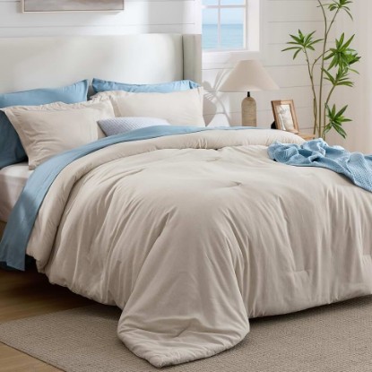 Picture of Bedsure Queen Comforter Set - Beige Soft Bedding for All Seasons, Cationic Dyed Bed Set, 3 Pieces, 1 Queen Size Comforter (90"x90") and 2 Pillow Shams (20"x26"+2") OEKO-TEX STANDARD 100