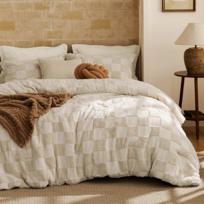 Picture of Bedsure Queen Size Comforter Set Beige, Boho Tufted Bed Set, Checkered Farmhouse-Style Distressed Vintage Bedding, 3 Pieces, 1 Plaid Geometric Comforter and 2 Pillow Shams OEKO-TEX STANDARD 100