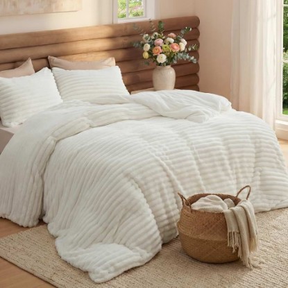 Picture of Bedsure Queen Fluffy Comforter Set - GentleSoft 3 Pieces Luxury Fleece Cream White Bedding, Cozy Room Decor Aesthetic, 1 Queen Bed Comforter (90"x90") and 2 Pillowcases (20"x26") OEKO-TEX STANDARD 100