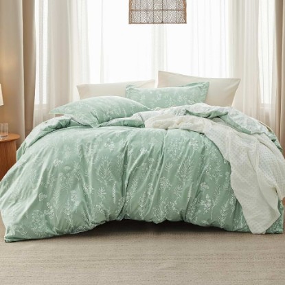 Picture of Bedsure Queen Comforter Set - Sage Green Bed Set, 3 Pieces Lightweight Summer Cute Floral Bedding, 1 Soft Reversible Botanical Flowers Comforter and 2 Pillow Shams OEKO-TEX STANDARD 100