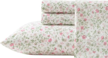 Picture of Laura Ashley Full Size Sheet Set, Soft & Silky Cotton Sateen Bedding with Fitted Sheet and Pillowcases, Floral Room Decor, Deep Pocket, College Dorm Room Essentials (Bonnie Beige)