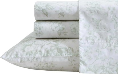 Picture of Laura Ashley Queen Size Sheet Set, Crisp & Lightweight Cotton Percale Bedding with Fitted Sheet and Pillowcases, Floral Room Decor, Deep Pocket, College Dorm Room Essentials (Toile Delight Green)