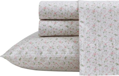 Picture of Laura Ashley Queen Size Sheet Set, Crisp Cotton Percale Bedding with Matching Pillowcases, Fully Elastic Fitted Sheet, Deep Pocket, Floral Room Decor, Breathable All-Season Comfort (Evie Pink)