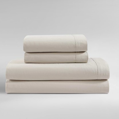 Picture of Calvin Klein - Queen Sheet Set with Fitted Sheet & Pillowcases, 100% Cotton Percale Bedding, Crisp & Cool, Deep Pocket, Washed Percale Light Beige OEKO-TEX STANDARD 100