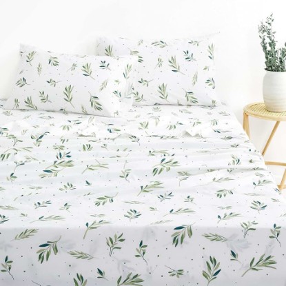 Picture of Wake In Cloud - Botanical Bed Sheets, 100% Cotton, 4-Piece Sheet Set, Cottagecore Floral Plant Leaves Coquette Shabby Chic Aesthetic Bedding, Deep Pocket, Green White, Queen Size