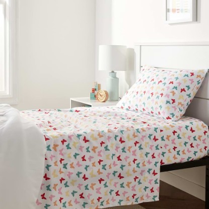 Picture of Amazon Basics Kid's Soft Easy-Wash Microfiber 3-Piece Sheet Set, Twin, Multi-Color Butterflies, Butterfly Friends, Printed OEKO-TEX STANDARD 100 OEKO-TEX MADE IN GREEN