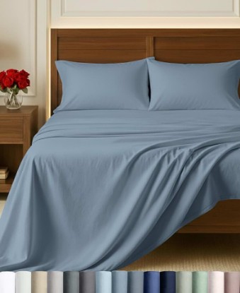 Picture of California Design Den 100% Egyptian Cotton Bed Sheets Queen Size Set | Backed by Good Housekeeping Seal, Light & Airy Soft Sateen, 16" Deep Pocket, All-Around Elastic, 4pc Set - Blue Hydrangea OEKO-TEX STANDARD 100