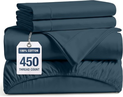 Picture of LANE LINEN Full Cotton Sheets - 450TC Long-Staple Sateen Weave, Estate Blue | Full Sheet & Pillowcase Sets - Soft, Breathable, Cooling & Silky, With a Snug 15 Inch Deep Pocket, OEKO-TEX Certified OEKO-TEX STANDARD 100