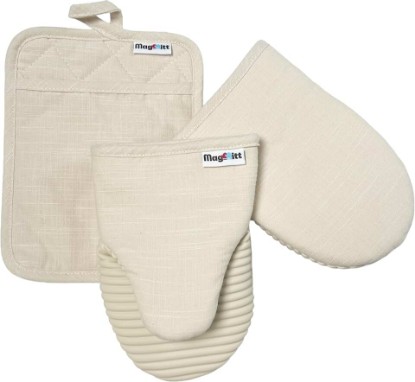 Picture of MagMitt Magnetic Oven Mitts & Pot Holder 3 Pc Set, High Heat Silicone Cream | Heat Resistant to 500F, 2 Mini Mitts & 1 Hot Pad, Magnetic Storage, Non-Slip Grip, 100% Machine Washable, Premium Cotton
