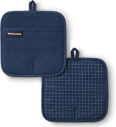 Picture of KITCHENAID Gourmet Series Gridlines Pot Holders 2-Pack Set, Heat Resistant up to 600°F, Soft Silicone Grip, Magnetic Cuff, Ink Blue, 8"x8"