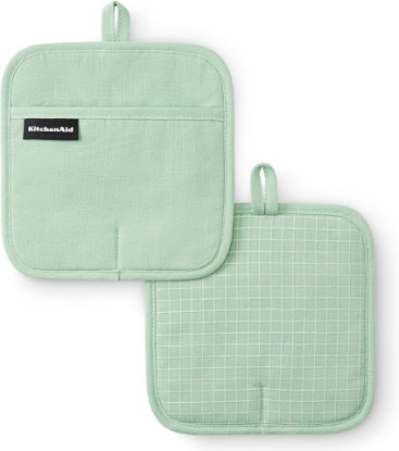 Picture of KITCHENAID Gourmet Series Gridlines Pot Holders 2-Pack Set, Heat Resistant up to 600°F, Soft Silicone Grip, Magnetic Cuff, Pistachio Green, 8"x8"