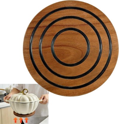 Picture of 8 Inch Magnetic Wooden Trivets, Acacia Wood Pot Holder with 3 Heat-Resistant Silicone Rings, Kitchen Round Magnetic Trivet for Cast Iron Pots, Pans and Hot Dishes