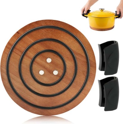 Picture of 8 Inch Upgraded Strong Magnets Wooden Trivet, Wood Trivet with 3 Heat‑Resistant Silicone Rings, Magnetic Pot Holder for Cast Iron Pots, Pans & Hot Dishes, Includes 2 Silicone Pot Grips