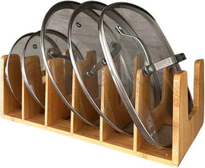 Picture of Kitchen Cabinet Organizer - Sturdy Bamboo Pot and Pan Organizer for Inside Cabinet - Multiuse Lid Organizer - Durable & Minimalist Kitchen Cabinet Organizer
