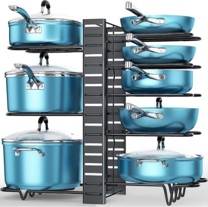 Picture of Pots and Pans Organizer Under Cabinet 16.6", 8-Tier Adjustable Rack | 3 DIY Modes, Tool-Free Assembly, Non-Slip, Fits Lightweight Cookware Up to 11", For Kitchen Cabinets, Shelves & Countertops