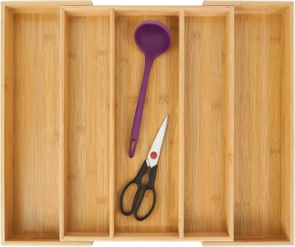 Picture of Utoplike Bamboo Expandable Kitchen Drawer Organizer Silverware Utensil Tray | Cutlery Holder, Drawers Divider for Large Utensils, Flatware, Knives, Spatulas in Kitchen, Office, Adjustable 3-5 Slots