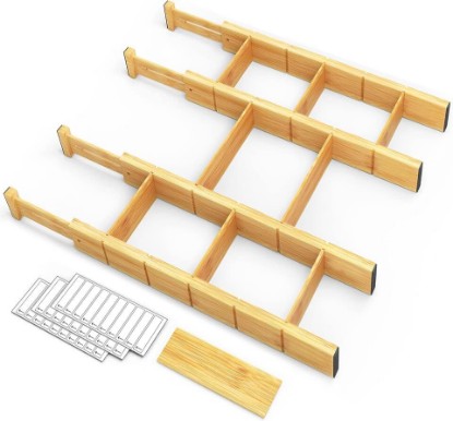 Picture of SpaceAid Bamboo Drawer Dividers with Inserts and Labels, Kitchen Adjustable Drawer Organizers, Expandable Organization for Home, Office, Dressers, 4 Dividers with 9 Inserts (17"-22" Natural) The Forest Stewardship Council