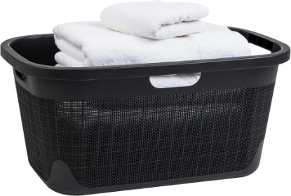 Picture of Mind Reader 40L Laundry Basket, Linen Design Clothes Hamper, Plastic Storage Bin with Handles, Black