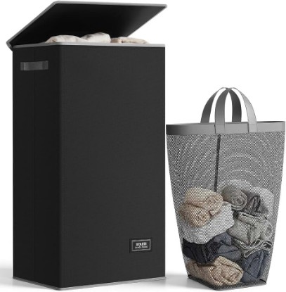 Picture of SOLEDI Laundry Hamper Black with Lid and Removable Bag - 100L Large and Tall Laundry Basket Collapsible with Handle for Clothing and Toys Storage - Dirty Clothes Hamper for Bedroom, bathroom, dorm