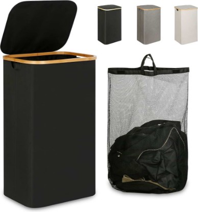 Picture of iEGrow Laundry Hamper with Lid,110L Laundry Basket with Mesh Bags,Black | Dirty Clothes Hamper Basket with Bamboo Handle for Clothes Towels