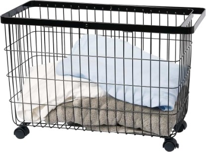 Picture of YAMAZAKI Home Tower Small Rolling Laundry Basket Metal Hamper Cart With Wheels And Handle, 14.8" - Steel - 9.8 Gallons, 35 Liters | Small metal laundry hamper cart features smooth-rolling wheels and a convenient built-in handle. Suits modern home storage.
