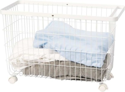 Picture of YAMAZAKI Home Rolling Laundry Basket, Short, Wheeled Hamper, Steel, White | Small metal laundry hamper cart features smooth-rolling wheels and a convenient built-in handle. Suits modern home storage.
