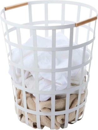 Picture of YAMAZAKI Home Tosca Round Laundry Basket Saving, 18" - Steel + Wood - 10.5 Gallon, 40 Liters | Round wire laundry basket featuring a durable steel and wood construction. Perfect for maximizing storage space. Saves space.
