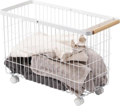 Picture of YAMAZAKI Home Compact Rolling Laundry Cart, Wire Hamper with Wheels, White | Compact rolling laundry basket cart features a metal hamper with wheels and a handle for easy mobility. Keeps items tidy.