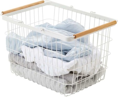Picture of YAMAZAKI Home Tosca Laundry Basket - Laundry Basket With Wooden Handles - Medium, 11" - Steel + Wood - 6 Gallons, 23 Liters