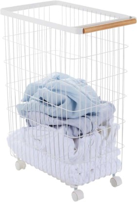 Picture of YAMAZAKI Home Wire Slim Saving Rolling Wheeled Clothing Hamper | Steel + Wood | Laundry Basket, One Size, White | Heavy-duty wire laundry hamper with wheels. The rolling laundry cart features a convenient built-in handle. Holds up to 55L.