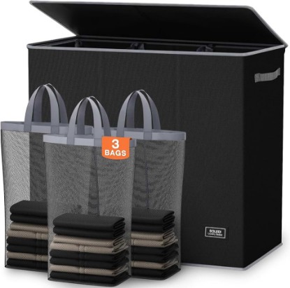 Picture of SOLEDI Large Laundry hamper 3 Section with Laundry Bag, XL Clothes Basket | 3-Section Large capacity Laundry Sorter with Odor-Blocking Lid, Robust Iron Frame & Waterproof 600D Fabric, 3 Washable Bags