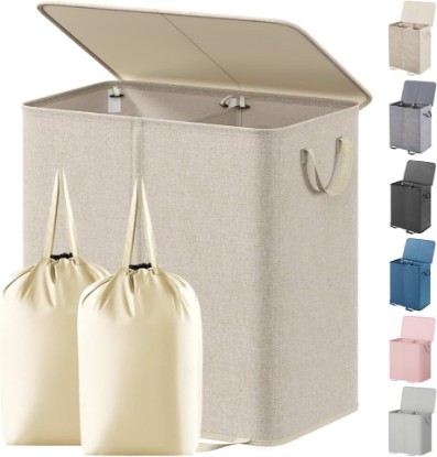 Picture of Lifewit Double Laundry Hamper with Lid and Removable Laundry Bags, Large Collapsible 2 Dividers Dirty Clothes Basket with Handles for Bedroom Laundry Room Closet Bathroom College, 136L Beige Recycled Claim Standard 100