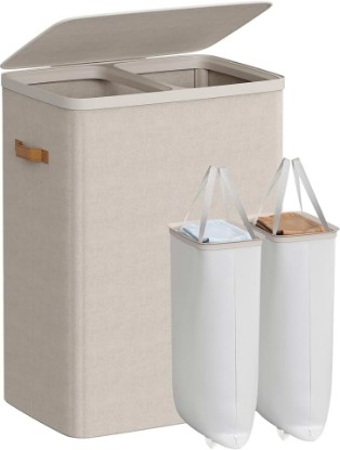 Picture of SONGMICS Laundry Basket, 44.9 Gal. Laundry Hamper, 2 Compartments, Easy Assembly, with Lid and Handles, Removable Liners, 22 x 15.7 x 29.5 Inches, Cappuccino Beige ULCB813L01