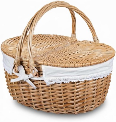 Picture of Wicker Picnic Basket with Lid and Handle 15" Sturdy Woven Body with Washable Lining for Easter,Mother's Day,Outdoor Camping,Not Dyed