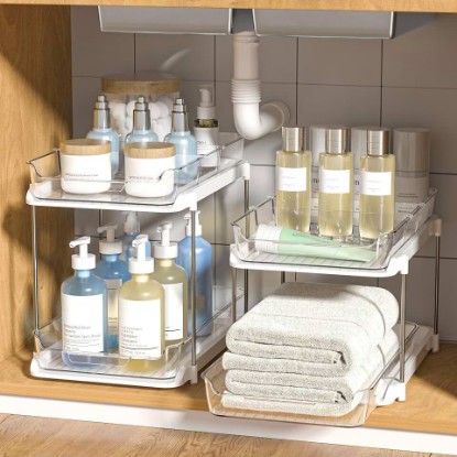 Picture of Delamu 2-Tier Multi-Purpose Bathroom Under Sink Organizers and Storage, Stackable Kitchen Pantry Organization, Pull Out Medicine Cabinet Organizer with Movable Dividers, White, 2 Pack Global Recycled Standard