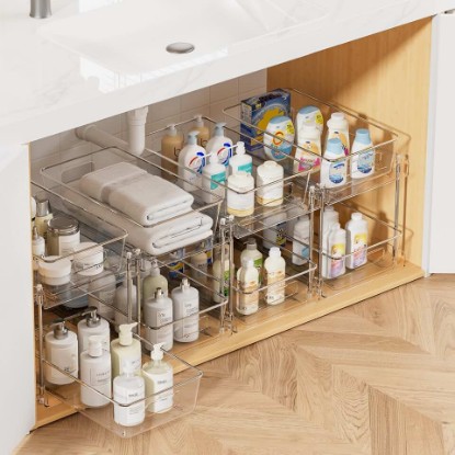 Picture of Vtopmart 4 Pack Pull Out Bathroom Under Sink Organizer (S-Standard) | Slide-out drawers, Multi-purpose storage, Clear visibility, Easy Set-up ClimeCo Certified