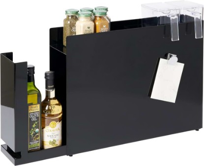 Picture of YAMAZAKI Home Sliding Drawer Seasoning Rack – Pull Out Spice Rack for Countertop, Steel Kitchen Organizer with Magnetic Panels, Modern Spice Storage Drawer, Black, Easy Access Design | Countertop steel spice rack with smooth pull-out sliding drawer and magnetic panels. Modern space-saving design for kitchen.