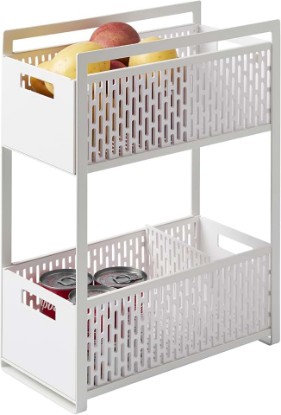 Picture of YAMAZAKI Home 2-Tier Storage Basket, Under-Sink Storage, ABS Plastic, White | Two-tier sliding baskets organizer rack designed for pantry or under-sink storage. Sturdy organization.