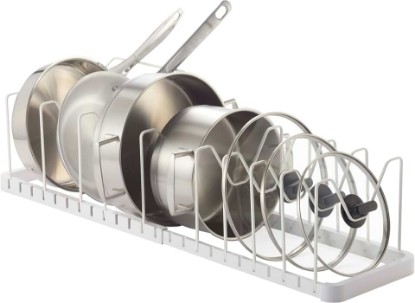Picture of YAMAZAKI Home Tower Adjustable Lid & Pan Organizer – Kitchen Drawer Storage Shelf Rack | Adjustable kitchen drawer storage shelf rack organizes pot lids and pans. Built for daily use. Keeps essentials organized.