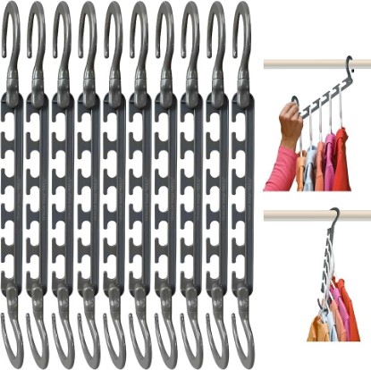 Picture of Max Space Saving Closet Hangers, 10-Pack, 360° Swivel, Grey | Cascading closet hangers organize shirts, pants and accessories vertically to save space; foldable 360° swivel design