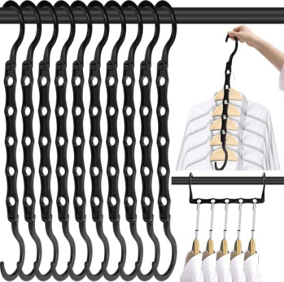 Picture of Space Saving Hangers 10 Pack, Heavy Duty Magic Cascading Hanger Organizer with 5 Enclosed Anti-Slip Holes, Closet Organizers and Storage for Clothes, College Dorm Room Essentials, Black