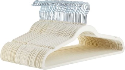 Picture of Amazon Basics Slim Velvet Non-Slip Space Saving Suit Clothes Hangers with Shoulder Notches for Closet Organization, Ivory/Silver, 50-Pack