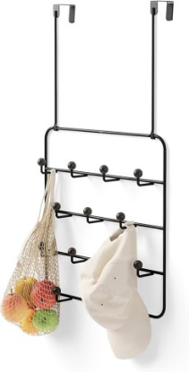 Picture of Umbra Estique Coat Rack, Over the Door Wall Hooks, 14 Hook, Black/Walnut | Steel, snag-free wooden pegs, fits doors to 1.6 inch, power coated finish