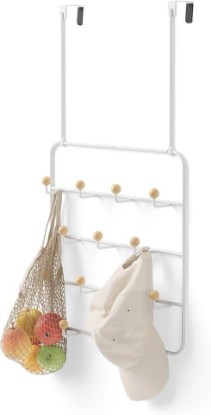 Picture of Umbra Estique Coat Rack, Over the Door Wall Hooks, 14 Hook, White/Natural | Steel, snag-free wooden pegs, fits doors to 1.6 inch, power coated finish