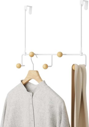 Picture of Umbra Estique Over the Door Organizer, 5-Hook Steel, Small, White/Natural | Holds coats bags and hats, no tools needed, slim profile, entryway or closet use