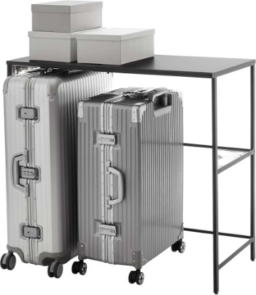 Picture of YAMAZAKI Home Expandable Closet Rack, Over-Suitcase Organizer, Steel, Black | Create storage space above luggage in your closet with this adjustable shelf. Holds bins on top with a bar below for hangers.